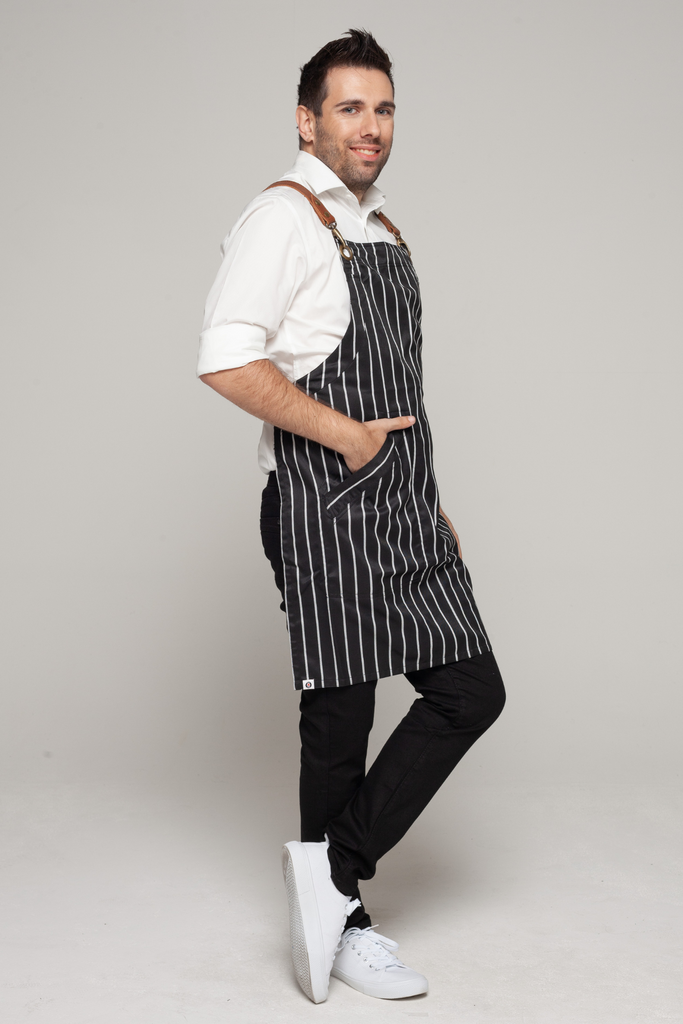 BONDI Black White Stripes/Chocolate Brown leather with yellow dual tone - Ace Chef Apparels