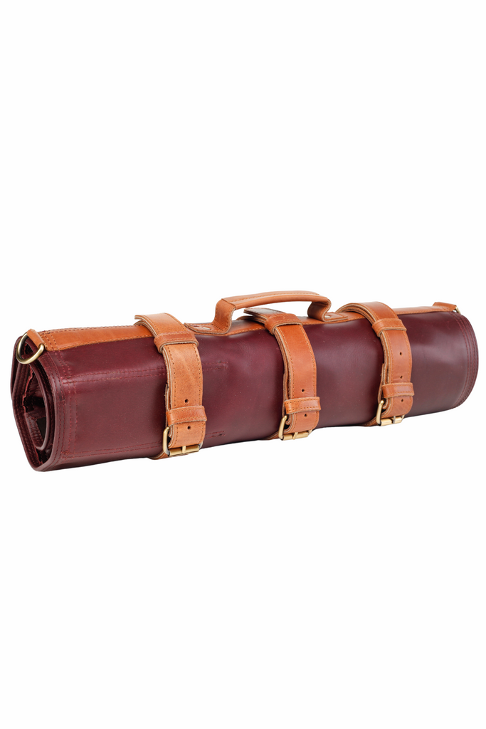 Leather Knife Roll- Bordo and Tan - Ace Chef Apparels