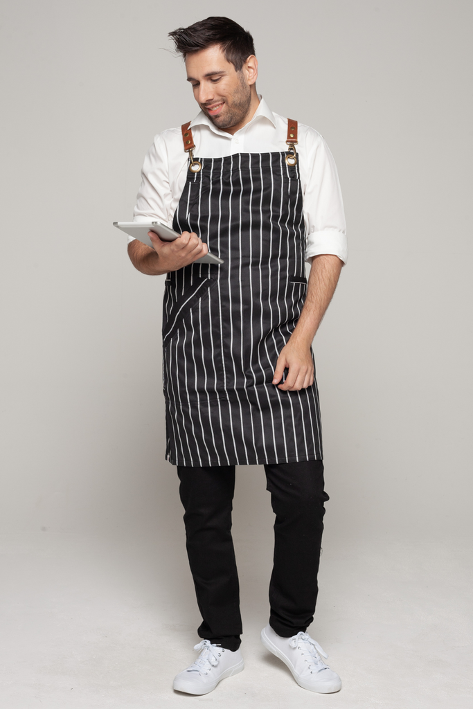 BONDI Black White Stripes/Chocolate Brown leather with yellow dual tone - Ace Chef Apparels