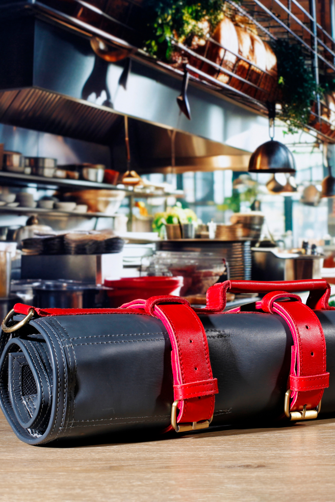 Leather Knife Roll- Grey and Red - Ace Chef Apparels