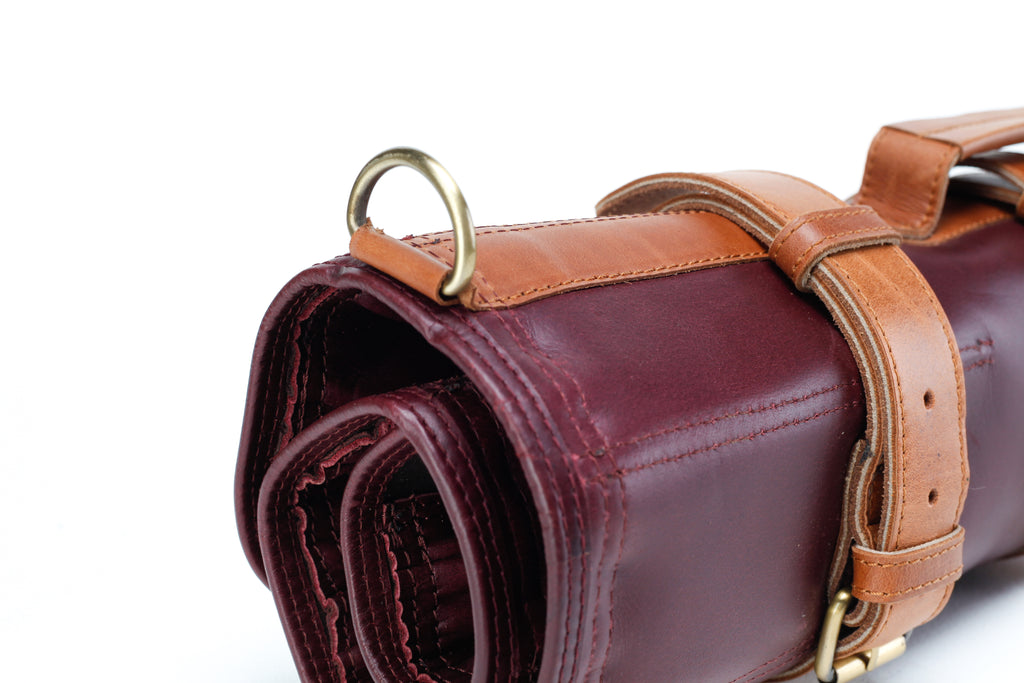 Leather Knife Roll- Bordeaux and tan - Ace Chef Apparels