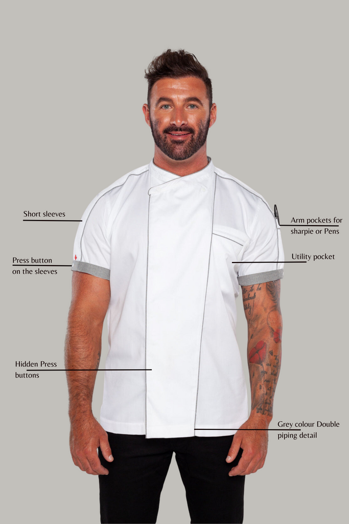 Bryan Chef jacket white with grey trim and coolvent - Ace Chef Apparels