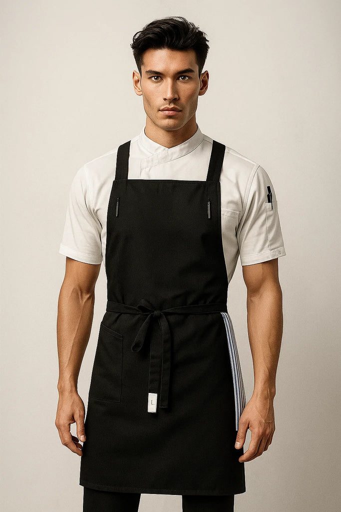 BYRON Crossover Chef apron Black with black straps - Ace Chef Apparels