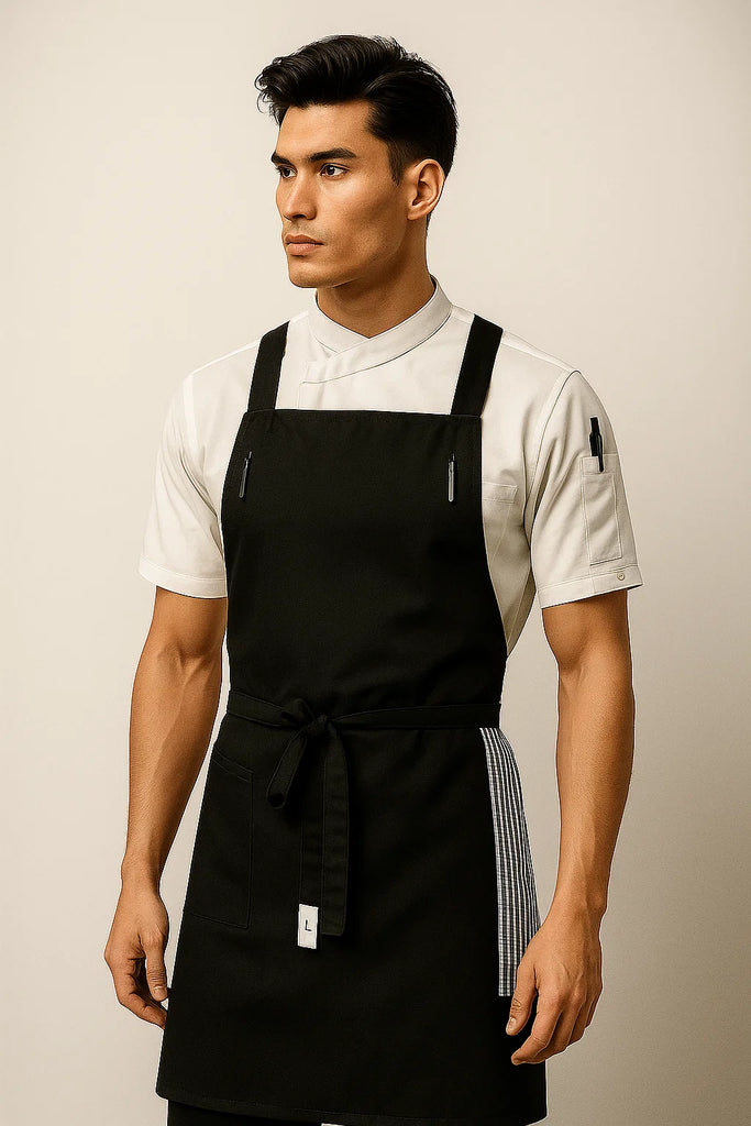 BYRON Crossover Chef apron Black with black straps - Ace Chef Apparels