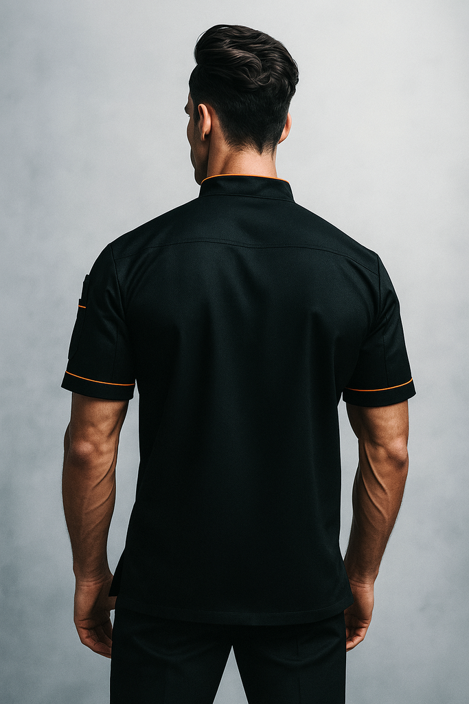 Gazi Chef jacket Black with Orange Trim and Coolvent - Ace Chef Apparels