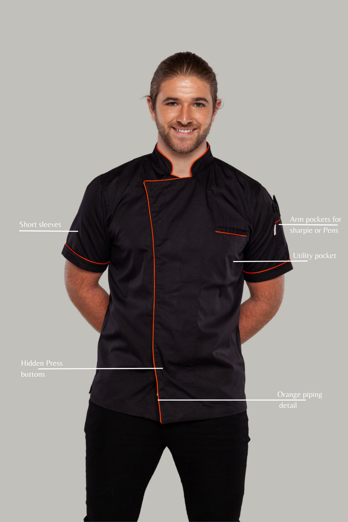 Gazi Chef jacket Black with Orange Trim and Coolvent - Ace Chef Apparels