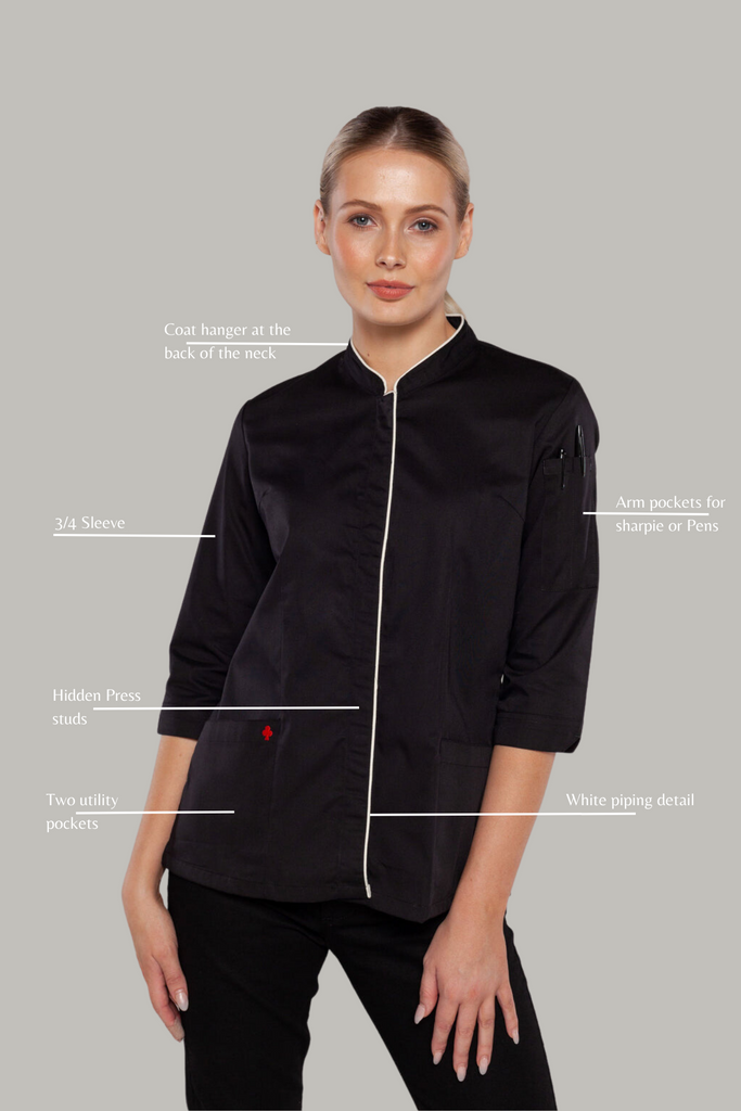 Mel 3/4 sleeves Black women's chef jacket - Ace Chef Apparels