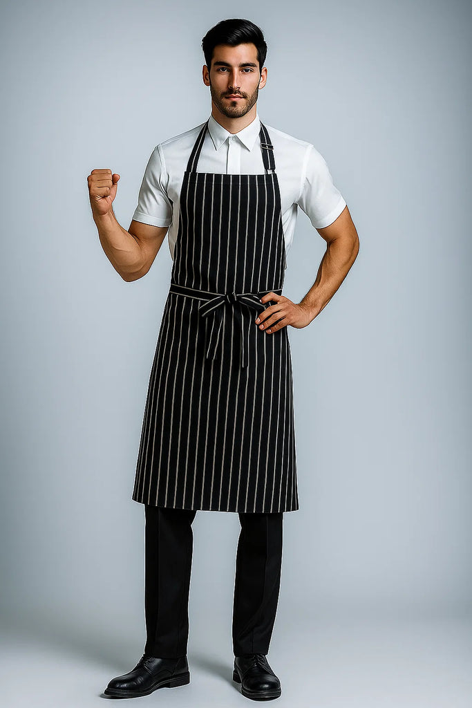 Sidney striped black/white bib Chef Apron Large size no pocket - Ace Chef Apparels