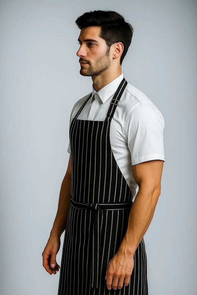 Sidney striped black/white bib Chef Apron Large size no pocket - Ace Chef Apparels