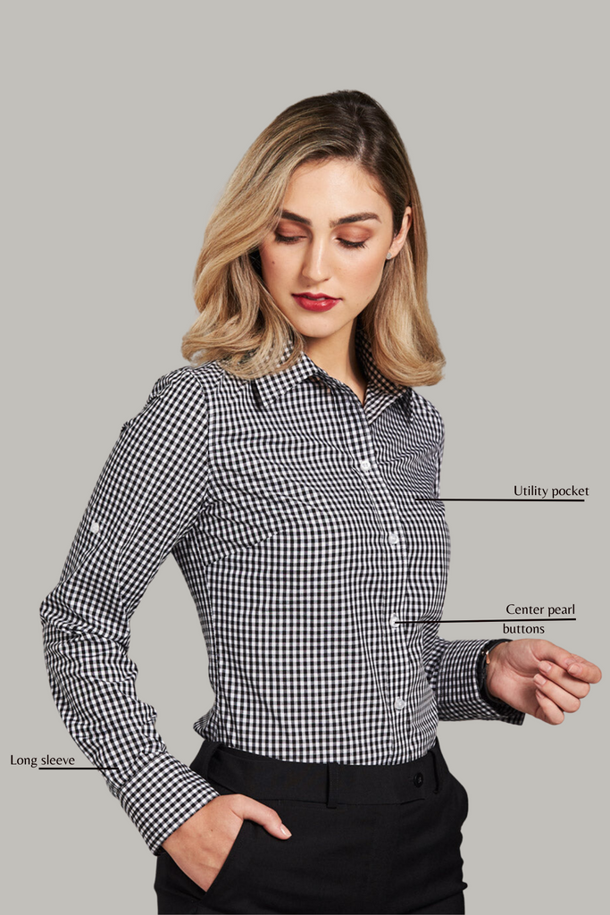 Ladies Gingham Check Long Sleeve Shirt - 3 colors - Ace Chef Apparels