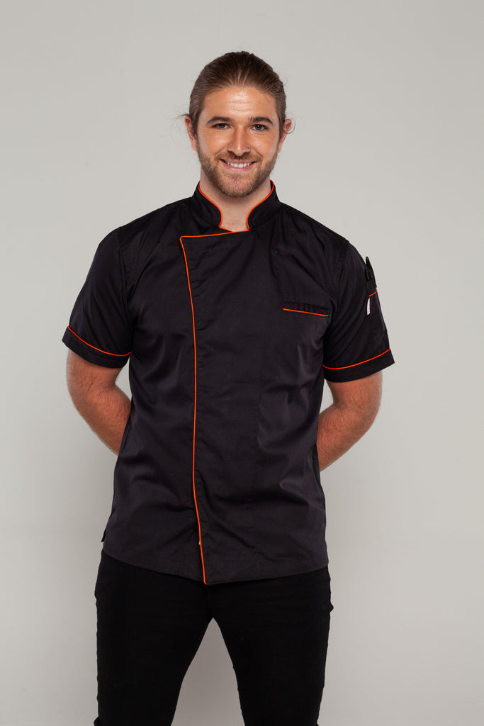 black chef jacket with orange trim