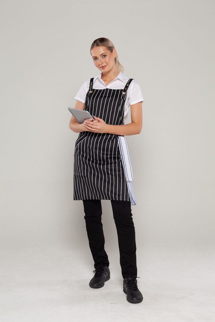 CROSSOVER CAFE APRONS BLACK WHITE STRIPES 