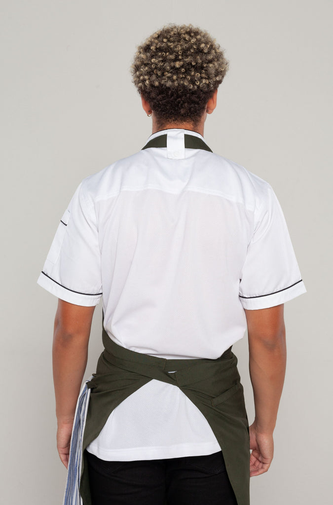 back view of dark green bib aprons for chefs 