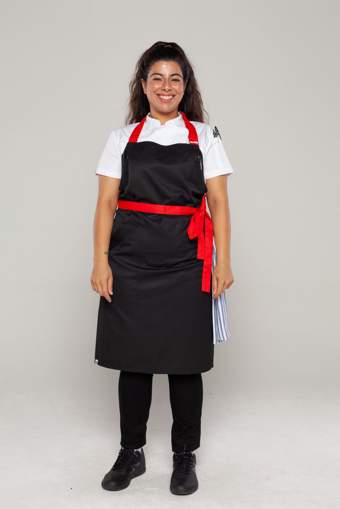 unisex aprons black with red straps