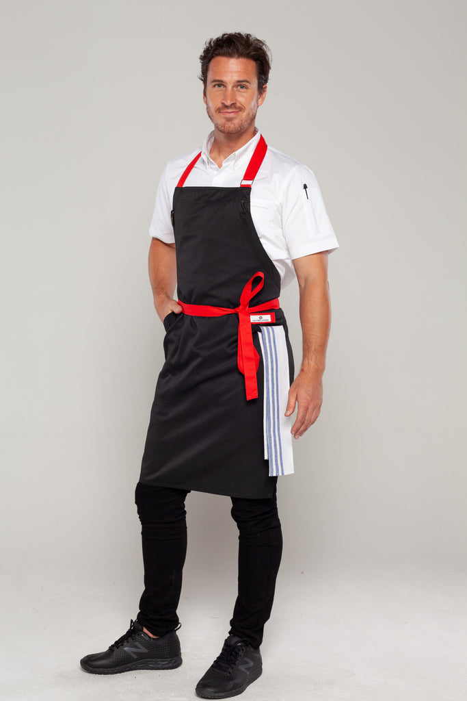 black and red apron