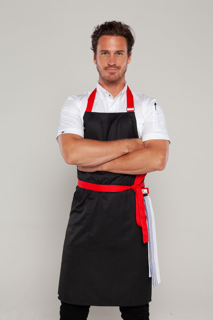 black apron and red straps 