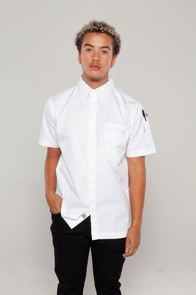 model wears and showcases high quality chef shirt 