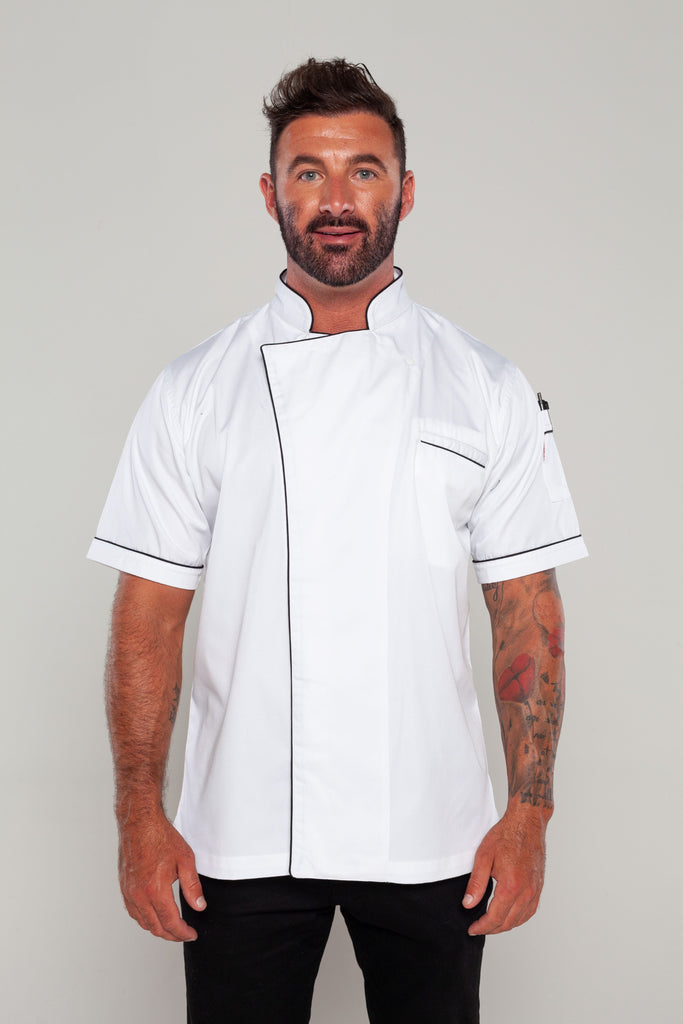 white chef jacket with black trim and coolvents
