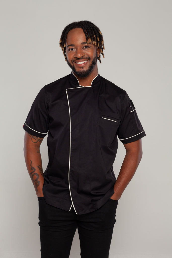 Chef jacket black with white trim and coolvent Bridge - Ace Chef Apparels