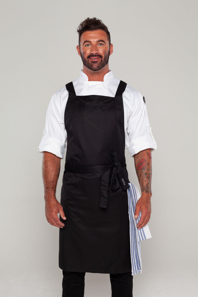 BYRON Crossover Chef apron Black with black straps - Ace Chef Apparels